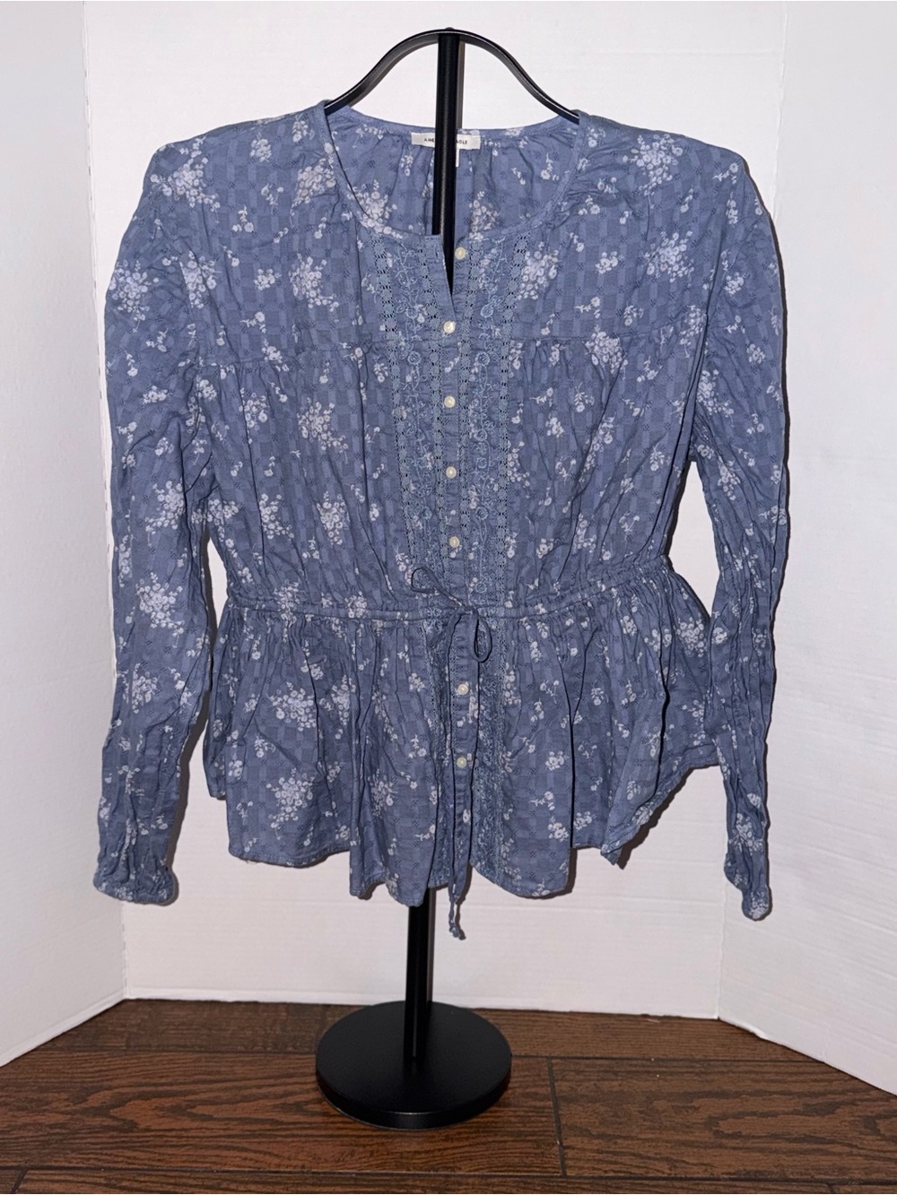 American Eagle Outfitters Blue Floral Peplum Button-Up Top